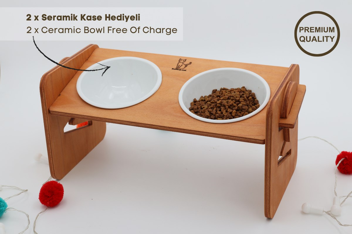 Köpek Kedi Mama Ve Su Kabı-Seramik İki Adet Kase Hediyeli-Kontrplak-Yükseklik Ayarlı-Armut Kiraz-BuShop Ela Preminyum 