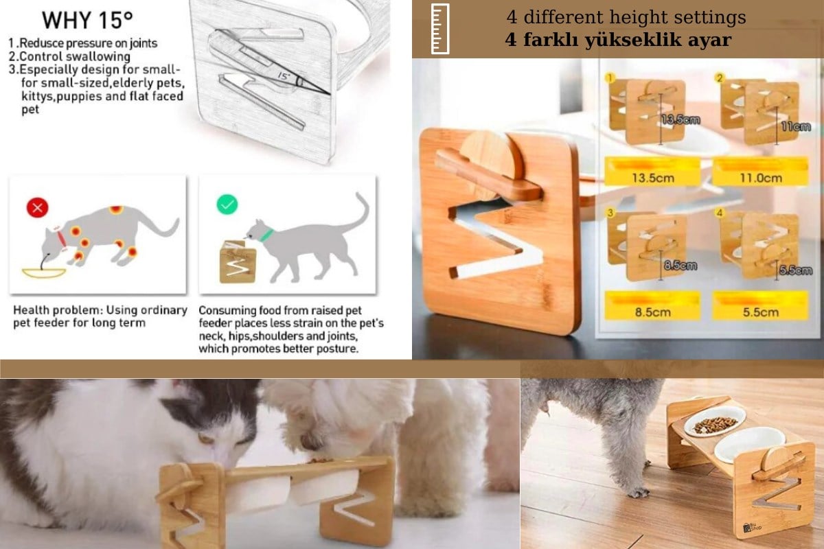 Köpek Kedi Mama Ve Su Kabı-Seramik Üç Adet Kase Hediyeli-Kontrplak-Yükseklik Ayarlı-Armut Kiraz-BuShop Ela Preminyum 