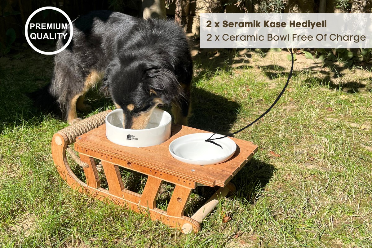 Köpek Mama ve Su Kabı  BuShop Lüx Ahşap  Seramik Kase Özel Tasarım Kızak Modeli