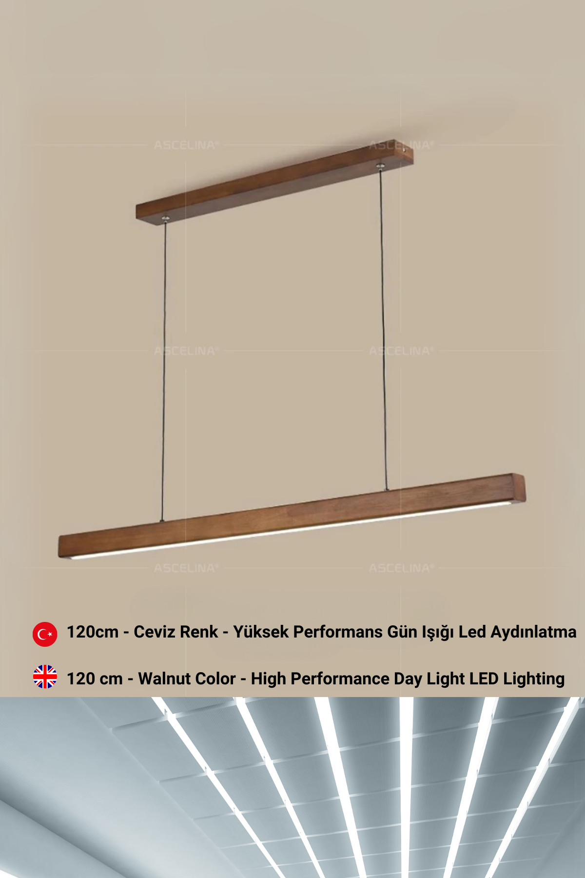 Led Avize Modern Avize Modelleri Yükseklik Ayarlı BuShop Lumiwood 120cm Ceviz Renk Gün Işığı Led Sarkıt Avize