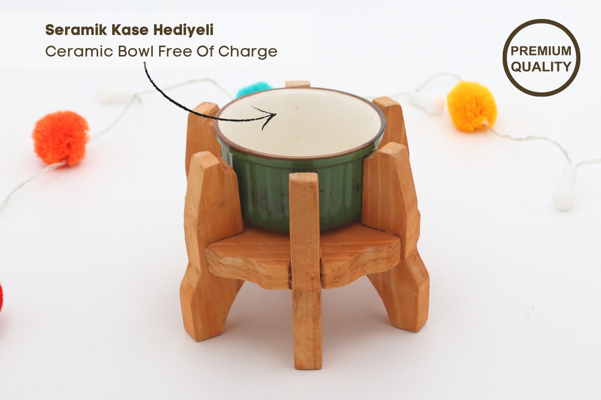 Minik Canlı Kuş, Kemirgen Mama Ve Su Kabı-Yeşil Seramik Bir Adet Kase Hediyeli-Gerçek Ahşap-Armut Kiraz-BuShop Minik
