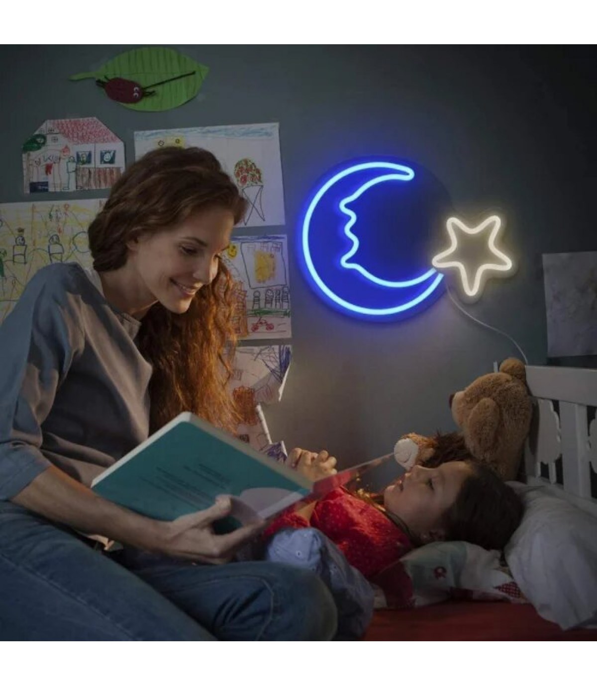Neon led ışık ay yıldız temalı duvar süsü,led neon tabela, Gece lambası, Sıra dışı genç hediyesi