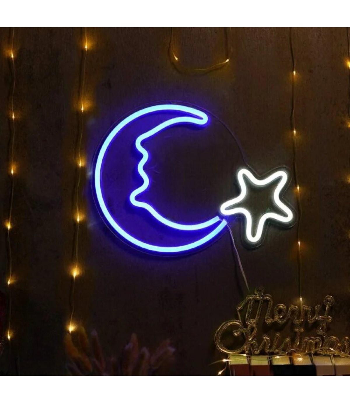 Neon led ışık ay yıldız temalı duvar süsü,led neon tabela, Gece lambası, Sıra dışı genç hediyesi
