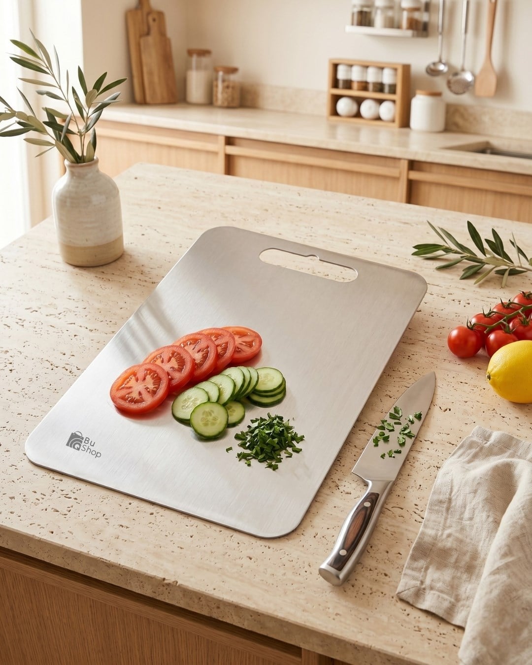 Paslanmaz Çelik Kesme Tahtası 34x24 cm 304 Kalite Hijyenik Koku Tutmaz Kesim Tahtası