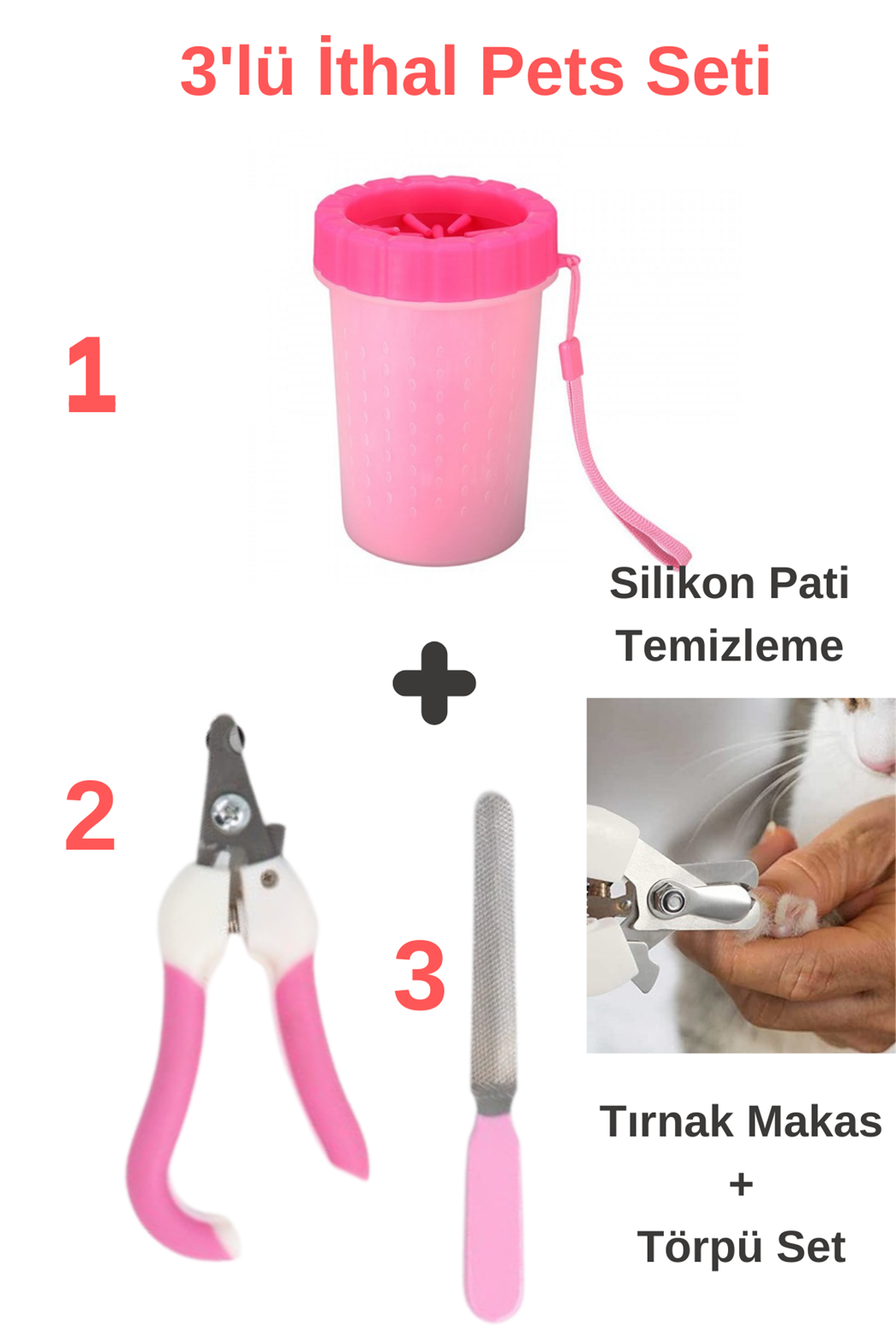 Pati temizleme aparatı, Kedi Köpek Pati Temizleme Silikon Jel Fırçalı, Tırnak makası ve törpüsü, Süper 3 lü İthal Set