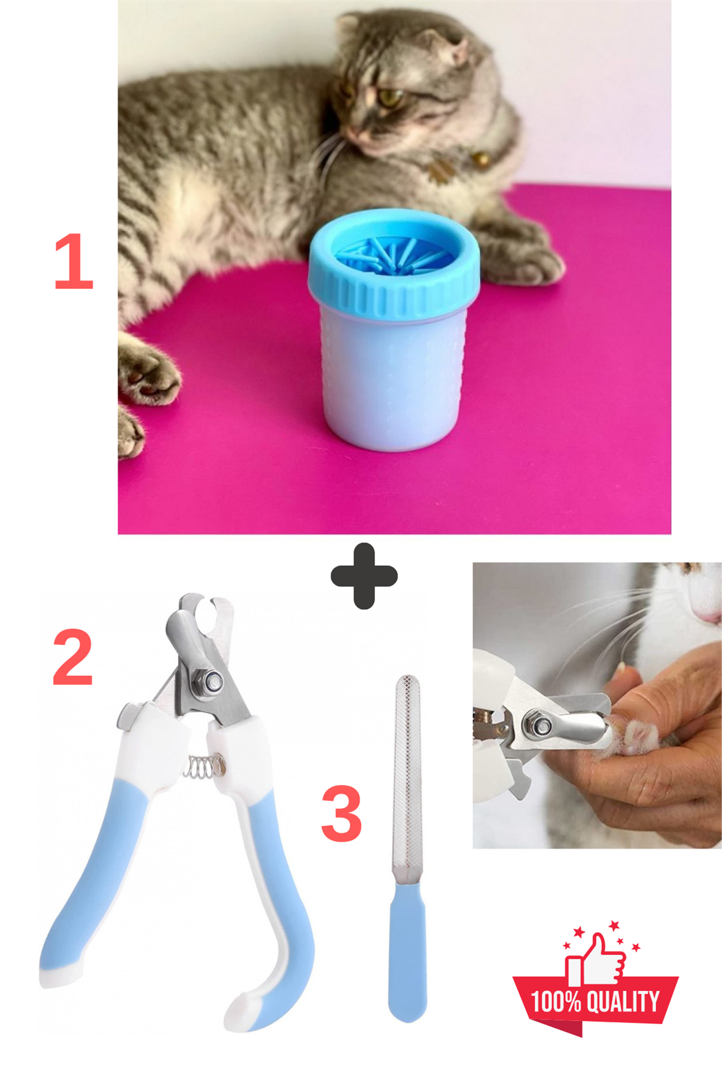 Pati temizleme aparatı, Kedi Köpek Pati Temizleme Silikon Jel Fırçalı, Tırnak makası ve törpüsü, Süper 3 lü İthal Set