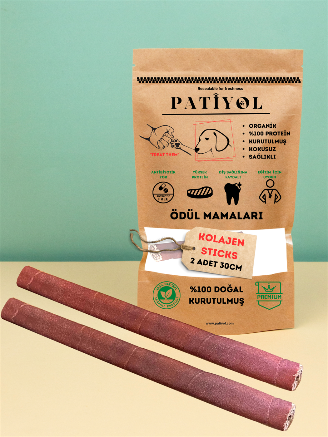 Kolajen Çubukları 30 Cm %100 Doğal Köpek Ödül Maması,2 adet, Proteinli Kolajen Çubuk, Gurme Seri