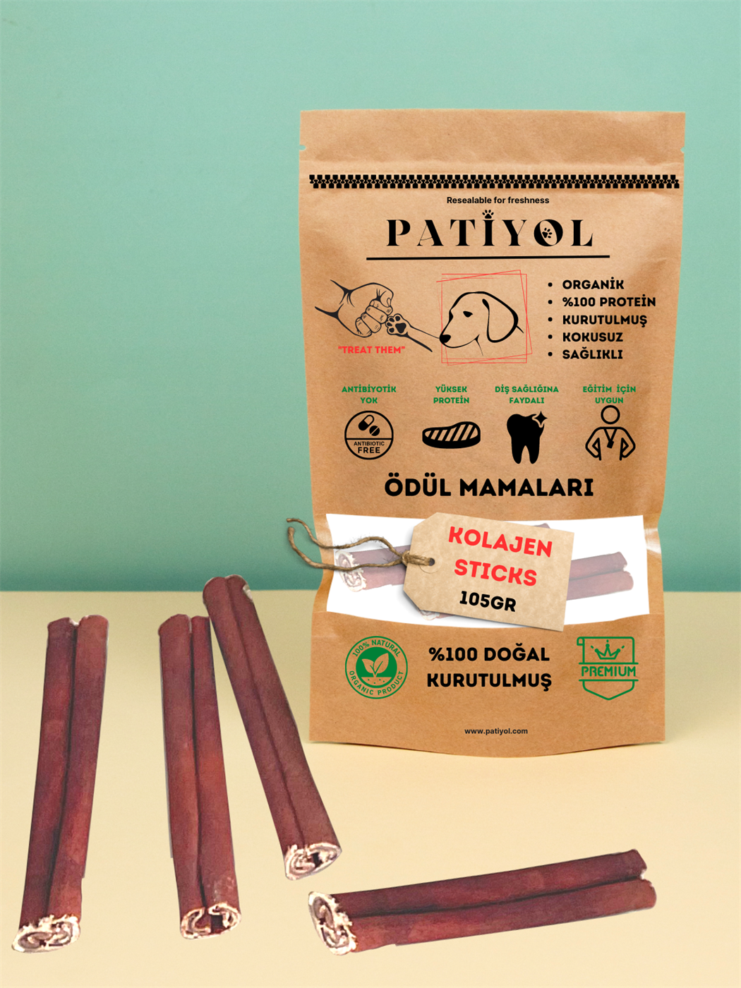 Köpek Ödülü Kolajen Çubuklar, Doğal Kurutulmuş, Küçük Köpek Irkları için İnce, 105gr Protein