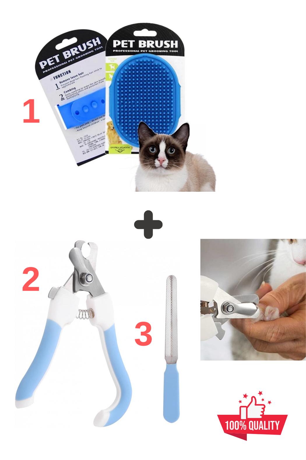 Süper 3 lü İthal Set, Silikon Kedi Köpek Yıkama Fırçası, Tırnak makası ve törpüsü, Kedi köpek Yıkama ve Bakım Seti