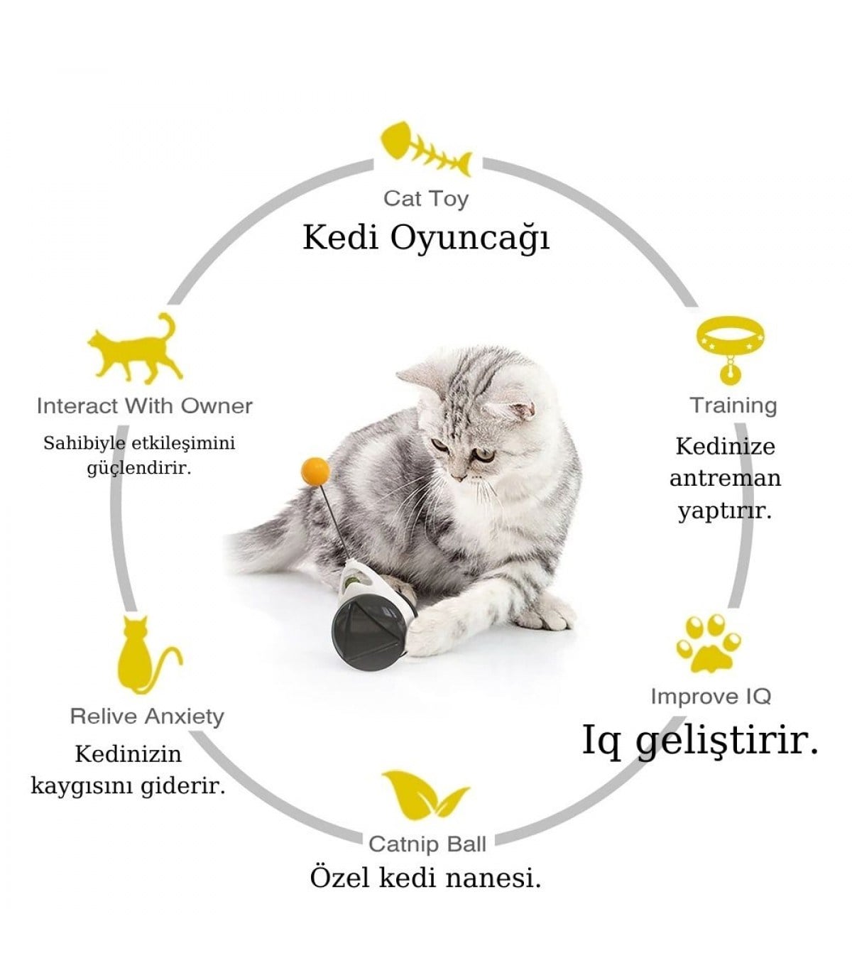 Tekerlekli  kedi oyuncağı  Vakum ile sabitlenir  Enerji Harcatır  Asla devrilmez  Siyah BuShop