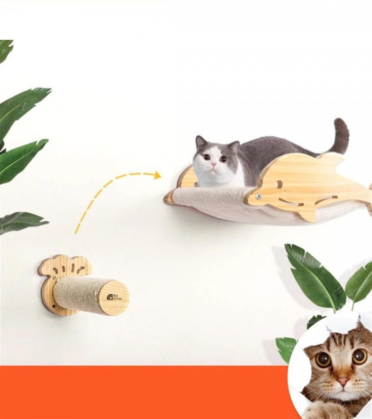 Kedi duvar yatağı, Kedi Yuvası, Kedi Yatağı, Kedi Hamak, + Kedi Tırmalama Basamağı, 2li Ahşap Set, BuShop Dolphin Serisi 