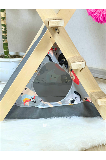  Kedi Çadırı Yatağı ve Merdiveni BuShop Süper Üçlü Set -Kedi Oltası Hediyeli  Ahşap Katlanabilir - WCAMP Serisi