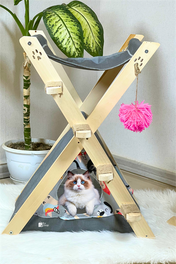  Kedi Çadırı Yatağı ve Merdiveni BuShop Süper Üçlü Set -Kedi Oltası Hediyeli  Ahşap Katlanabilir - WCAMP Serisi