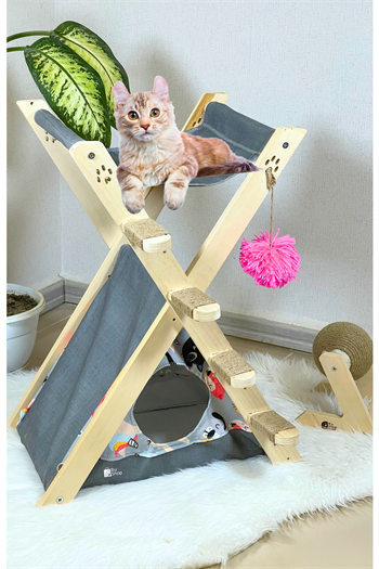  Kedi Çadırı Yatağı ve Merdiveni BuShop Süper Üçlü Set -Kedi Oltası Hediyeli  Ahşap Katlanabilir - WCAMP Serisi