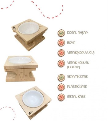 Kedi Köpek Mama Ve Su Kabı-Seramik Tek Kase Hediyeli-Gerçek Ham Ahşap-BuShop Katya Preminyum 