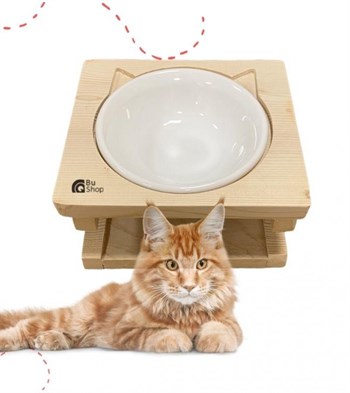 Kedi Köpek Mama Ve Su Kabı-Seramik Tek Kase Hediyeli-Gerçek Ham Ahşap-BuShop Katya Preminyum 