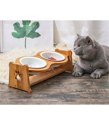 Kedi Köpek Mama Ve Su Kabı  İki Hazneli BuShop Estetik Ahşap tasarım  Yüksek Kalite  Doğal Badem