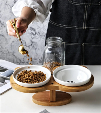 Kedi Köpek Mama Ve Su Kabı-Seramik İki Adet Kase Hediyeli-Gerçek Ahşap-Kayın Renk-BuShop Boncuk Preminyum 