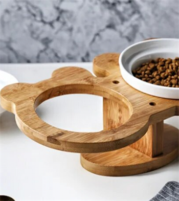 Kedi Köpek Mama Ve Su Kabı-Seramik İki Adet Kase Hediyeli-Gerçek Ahşap-Kayın Renk-BuShop Boncuk Preminyum 