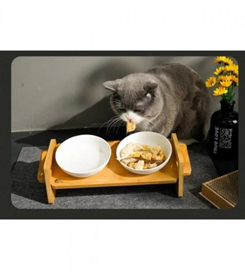 Kedi Köpek Mama Ve Su Kabı İkili Kase Hediyeli BuShop Gerçek Ahşap Kaydırmaz  Pamuk