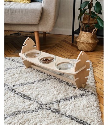 Kedi Köpek Mama Ve Su Kabı Üçlü  Gerçek Ahşap Kaydırmaz  Kılçık