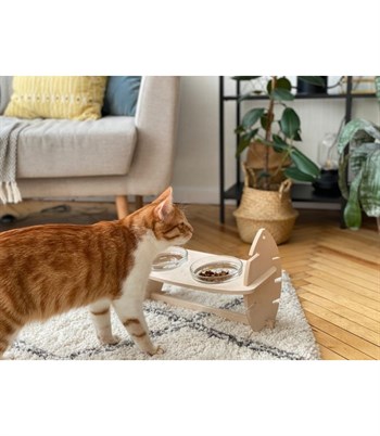 Kedi Köpek Mama Ve Su Kabı Üçlü  Gerçek Ahşap Kaydırmaz  Kılçık