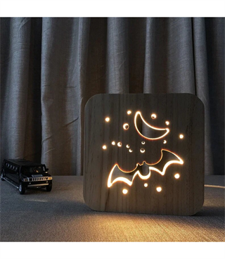 Ahşap 3d yaratıcı led gece lambası, doğal, yenilikçi ofis, ve oda dekoru, Yarasa ve ay dekorlu