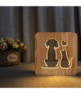 Ahşap 3d yaratıcı led gece lambası, doğal, yenilikçi ofis, ve oda dekoru, Kedi ve köpek sevgisi