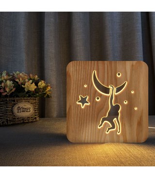 Ahşap 3d yaratıcı led gece lambası, doğal, yenilikçi ofis, ve oda dekoru, Maymun ve ay dekorlu