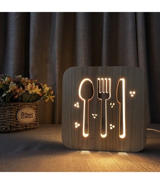 Ahşap 3d yaratıcı led gece lambası, doğal, yenilikçi ofis, kaşık,çatal, restoran, kafe, dekoru