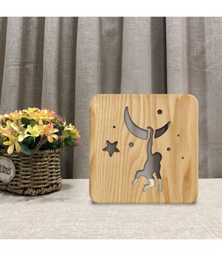 Ahşap 3d yaratıcı led gece lambası, doğal, yenilikçi ofis, ve oda dekoru, Maymun ve ay dekorlu