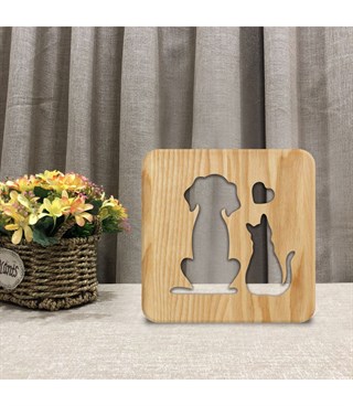 Ahşap 3d yaratıcı led gece lambası, doğal, yenilikçi ofis, ve oda dekoru, Kedi ve köpek sevgisi