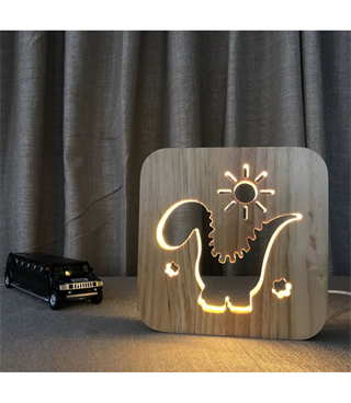 Ahşap 3d yaratıcı led gece lambası, doğal, yenilikçi ofis, ve oda dekoru, Şirin dinozor ve güneş