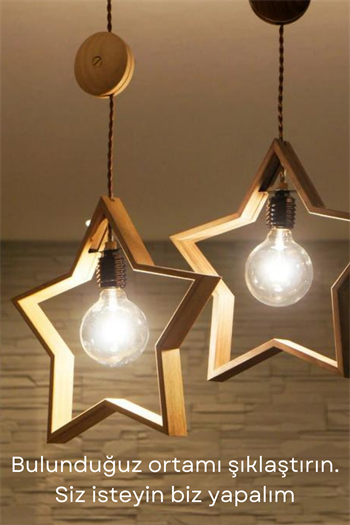 Ahşap Avize Dekoratif 2 li Set Ahşap Rustik Bohem Dekor Ahşap Işık Aydınlatma Modern Star Trend Serisi