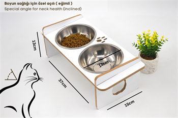 Ahşap Mama ve Su Kabı-2 Adet Çelik Kaseli-Eğimli-Mdf BuShop Mykonos Serisi