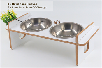 Ahşap Mama ve Su Kabı-2 Adet Çelik Kaseli-Eğimli-Mdf BuShop Mykonos Serisi