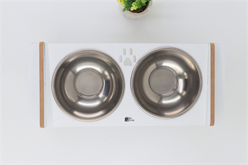 Ahşap Mama ve Su Kabı-2 Adet Çelik Kaseli-Eğimli-Mdf BuShop Mykonos Serisi