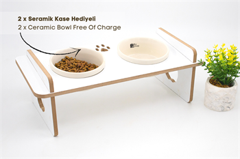 Ahşap Mama ve Su Kabı-2 Adet Seramik Kaseli-Eğimli-Mdf BuShop Mykonos Serisi