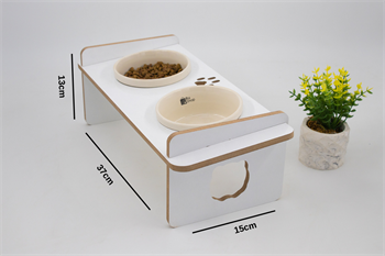 Ahşap Mama ve Su Kabı-2 Adet Seramik Kaseli-Eğimli-Mdf BuShop Mykonos Serisi