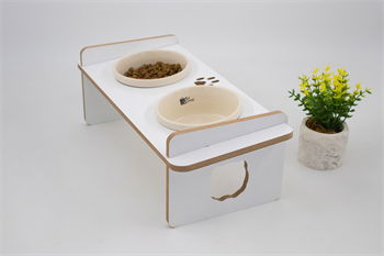 Ahşap Mama ve Su Kabı-2 Adet Seramik Kaseli-Eğimli-Mdf BuShop Mykonos Serisi