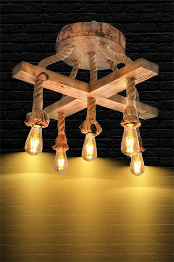 Dekoratif Ahşap Avize Halatlı Doğal Ahşap Avize 5li