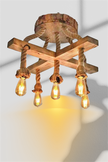 Dekoratif Ahşap Avize Halatlı Doğal Ahşap Avize 5li