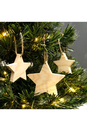 Doğal Ahşap 3 lü Şans Yıldızı Seti - Ipli Yılbaşı Ağaç Süsü - Oda - Ofis Dekorasyon