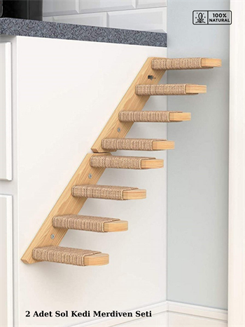 Doğal Kedi Tırmanma ve Tırmalama Merdiveni Ahşap tasarım Duvara Monte 2Lİ Sol Modeli
