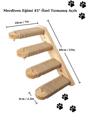 Doğal Kedi Tırmanma ve Tırmalama Merdiveni Ahşap tasarım Duvara Monte Sağ Model