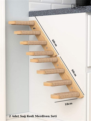 Doğal Kedi Tırmanma ve Tırmalama Merdiveni Ahşap tasarım Duvara Monte 2Lİ Sağ Model