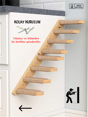 Doğal Kedi Tırmanma ve Tırmalama Merdiveni Ahşap tasarım Duvara Monte 2Lİ Sol Modeli