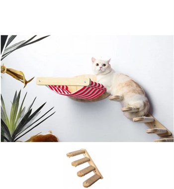 Duvara Monte Ahşap Kırmızı Bezli Kedi Hamağı BuShop doğal ahşap kedi sağ tek merdiven İkili set Kampanya Zebra Serisi