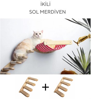 Kedi Yatağı, Kedi Yuvası, ve Kedi duvar yatağı, Kedi merdiveni, 2 adet Sol Tip Kedi Tırmanma Merdiveni, 3lü Ahşap Set, BuShop Red Zebra Serisi