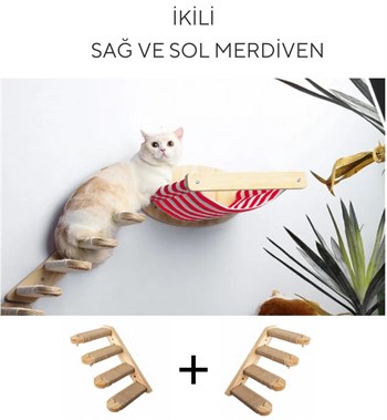 Kedi Yatağı, Kedi Yuvası, ve Kedi duvar yatağı, Kedi merdiveni, Sağ ve Sol Tip Kedi Tırmanma Merdiveni, 3lü Ahşap Set, BuShop Zebra Serisi